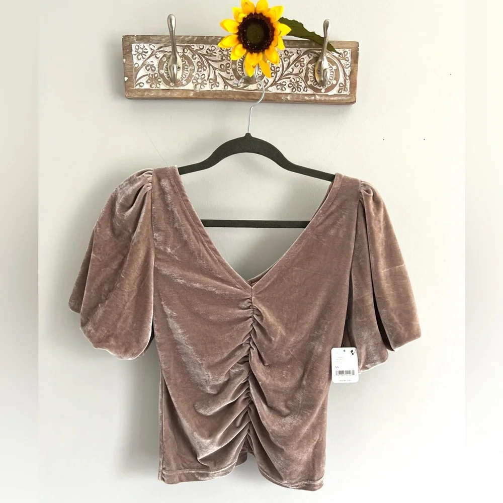FREE PEOPLE Cupcake Velvet Top-Size XS-Cashmere Color V-Neck Puff Sleeve-NWT